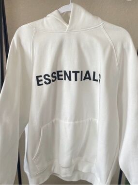Essentials White Hoodie with Black Logo - Men's Pullover